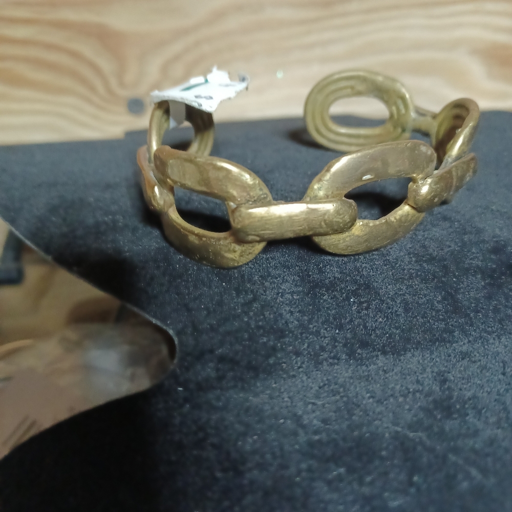 Brass raw and chunky artisan link cuff jewelry bracelet.